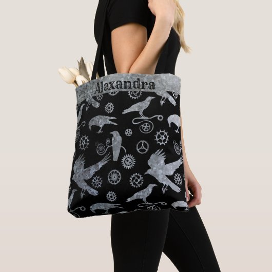 Steampunk Zilver Zink Tandwielen en Kraaien Custom Tote Bag (Dichtbij)