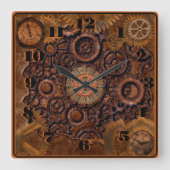 Steampunk Zwart, Messing, Bruin Vierkante Klok (Voorkant)