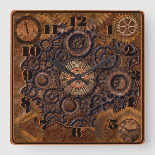 Steampunk Zwart, Messing, Bruin Vierkante Klok (Voorkant)