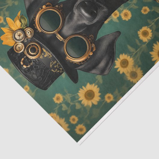 Steampunk Zwarte Hond + Zonnebloem AK8 Decoupage Tissuepapier (Detail)