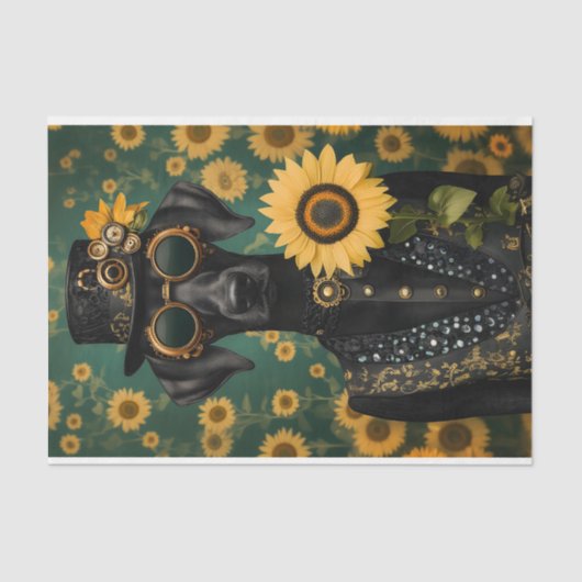 Steampunk Zwarte Hond + Zonnebloem AK8 Decoupage Tissuepapier (Voorkant)