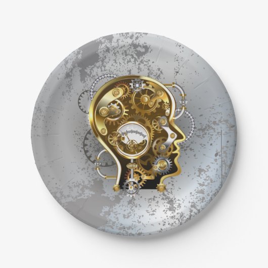 Steampunkhoofd met manometer papieren bordje (Voorkant)