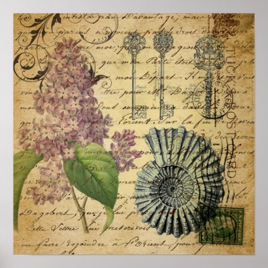steampunksleutels frans botanisch paars lila poster (Voorkant)
