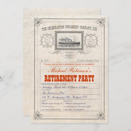 Steamship Cruise Ticket Invitation - aangepaste te Kaart (Voorkant / Achterkant)