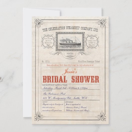 Steamship Cruise Ticket Invitation Vrijgezellenfee Kaart (Voorkant)