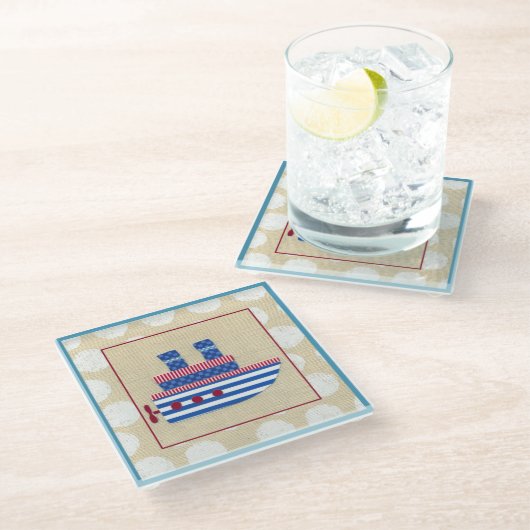 Steamship met Propeller en Blauwe Mokestacks Glazen Onderzetter (Schuin)