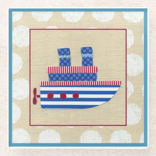 Steamship met Propeller en Blauwe Mokestacks Glazen Onderzetter (Voorkant)