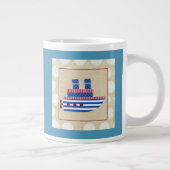 Steamship met Propeller en Blauwe Mokestacks Grote Koffiekop (Rechts)