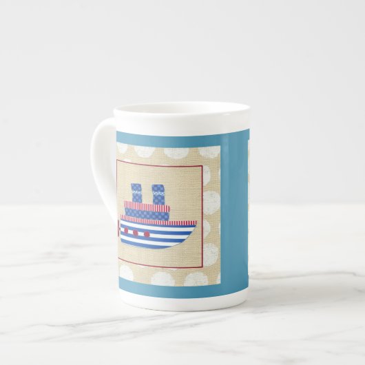 Steamship met Propeller en Blauwe Mokestacks Porselein Kop (Links)