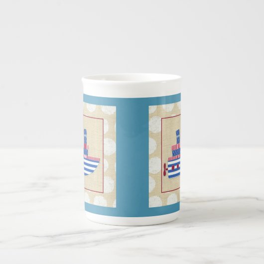 Steamship met Propeller en Blauwe Mokestacks Porselein Kop (Voorkant)