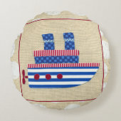 Steamship met Propeller en Blauwe Mokestacks Rond Kussen (Voorkant)