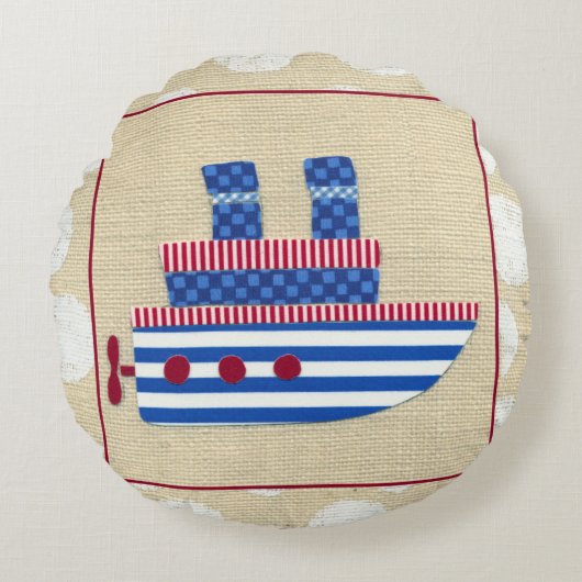 Steamship met Propeller en Blauwe Mokestacks Rond Kussen (Voorkant)