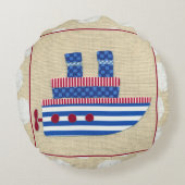 Steamship met Propeller en Blauwe Mokestacks Rond Kussen (Achterkant)