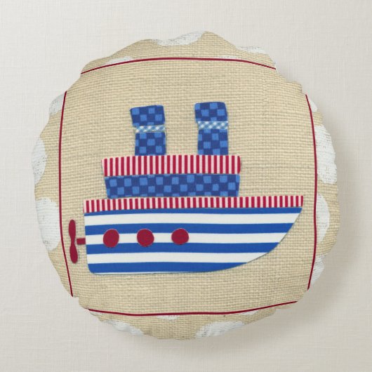 Steamship met Propeller en Blauwe Mokestacks Rond Kussen (Achterkant)