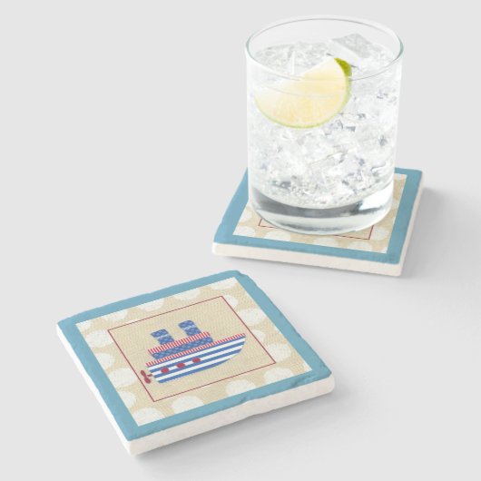 Steamship met Propeller en Blauwe Mokestacks Stenen Onderzetter (Zijkant)