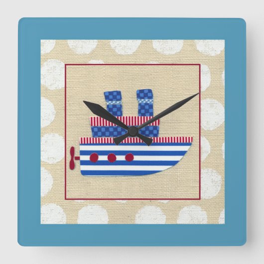 Steamship met Propeller en Blauwe Mokestacks Vierkante Klok (Voorkant)