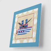 Steamship met Propeller en Blauwe Mokestacks Vierkante Klok (Hoek)