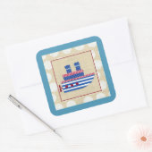 Steamship met Propeller en Blauwe Mokestacks Vierkante Sticker (Envelop)