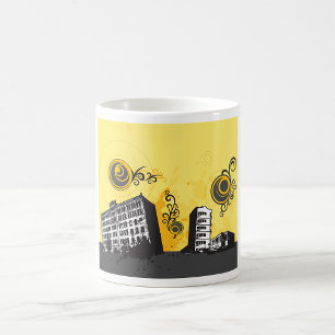 Stedelijk Silhouet Geel en Grijs Retro Abstract Koffiemok