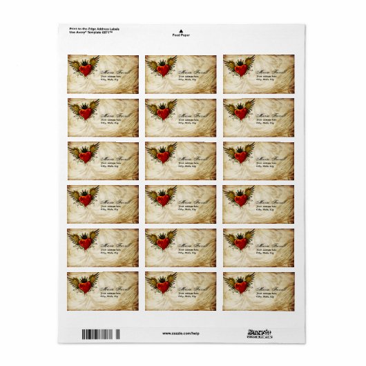  stedelijk Tattoo gevleugeld hart adreslabel Etiket (Full Sheet)