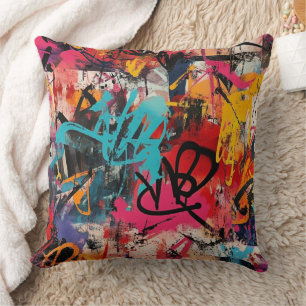 Stedelijke Graffiti Collage met Krachtige Kleuren Kussen