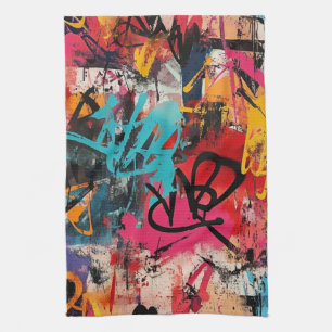 Stedelijke Graffiti Collage met Krachtige Kleuren Theedoek