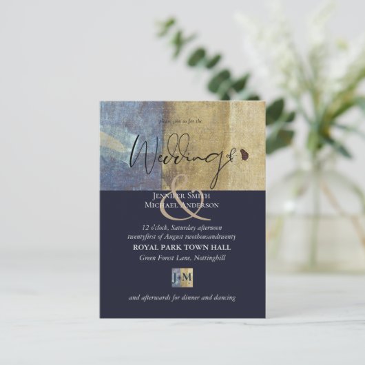 Stedelijke marineblauwe moderne budget bruiloft ui briefkaart (Staand voorkant)