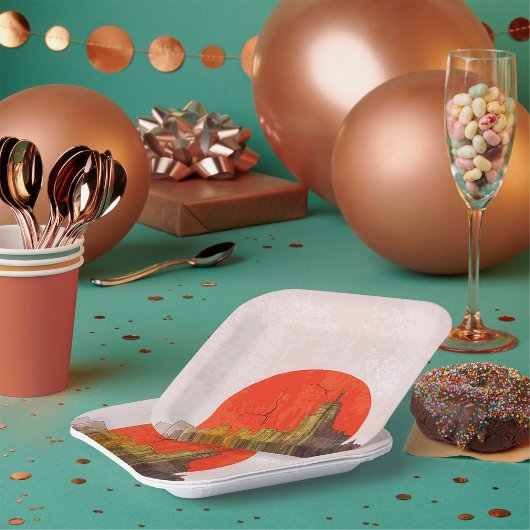 Stedelijke skyline met Red Sun Grunge Cityscape Papieren Bordje