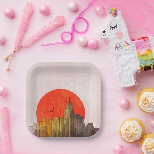 Stedelijke skyline met Red Sun Grunge Cityscape Papieren Bordje (Feest)