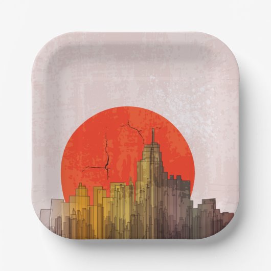 Stedelijke skyline met Red Sun Grunge Cityscape Papieren Bordje (Voorkant)