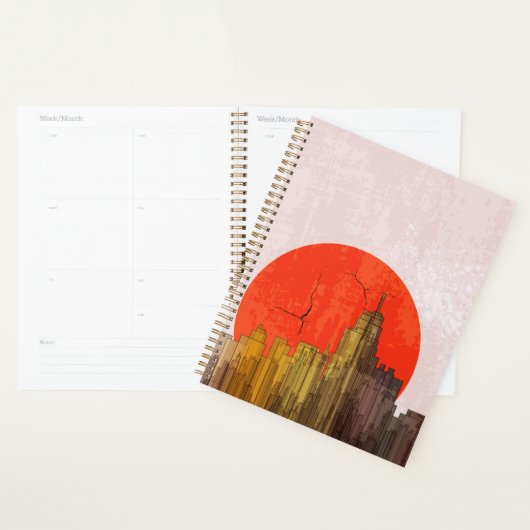 Stedelijke skyline met Red Sun Grunge Cityscape Planner (Display)