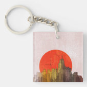 Stedelijke skyline met Red Sun Grunge Cityscape Sleutelhanger (Voorkant)