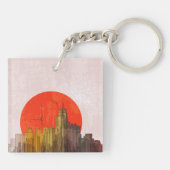 Stedelijke skyline met Red Sun Grunge Cityscape Sleutelhanger (Achterkant)