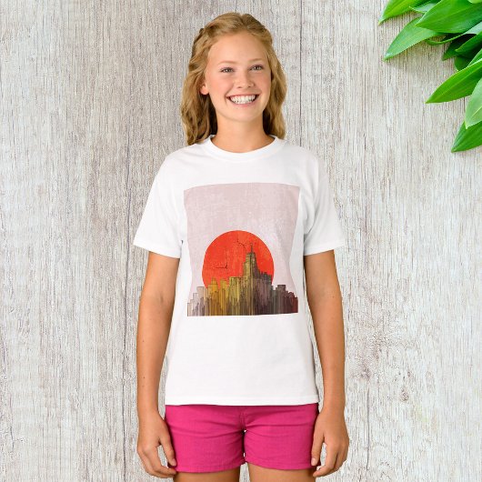 Stedelijke skyline met Red Sun Grunge Cityscape T-shirt
