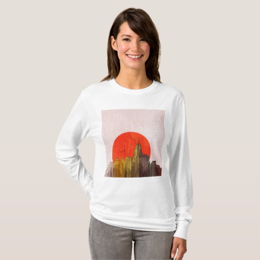 Stedelijke skyline met Red Sun Grunge Cityscape T-shirt (Voorkant volledig)