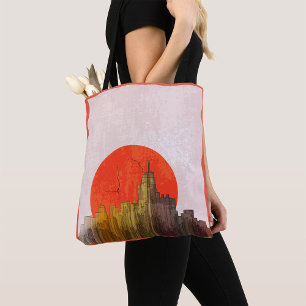 Stedelijke skyline met Red Sun Grunge Cityscape Tote Bag