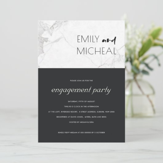 STEDELIJKE ZWARTE WIT-MARBLE ENGAGEMENT PARTY INVI BEDANKKAART (Staand voorkant)