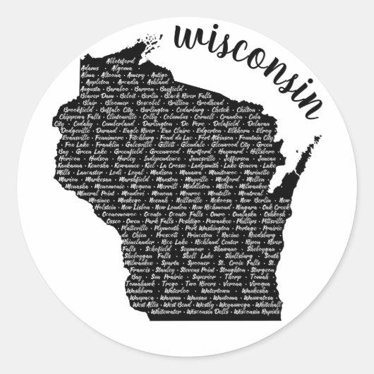 Steden in de Zwarte Kaart van Wisconsin Ronde Sticker (Voorkant)