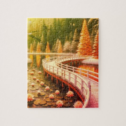 Steek de brug over de vijver met de bloeiende wate legpuzzel (Verticaal)