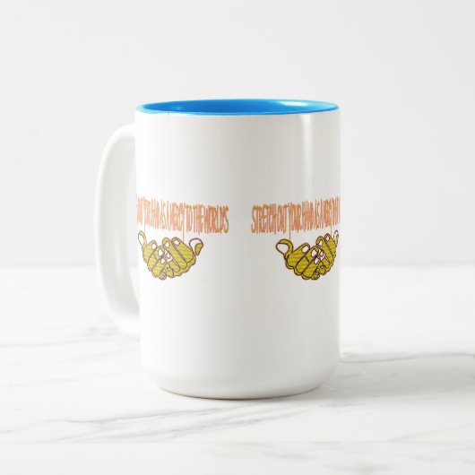 Steek je hand uit als genade voor de wereld tweekleurige koffiemok (Voorkant links)