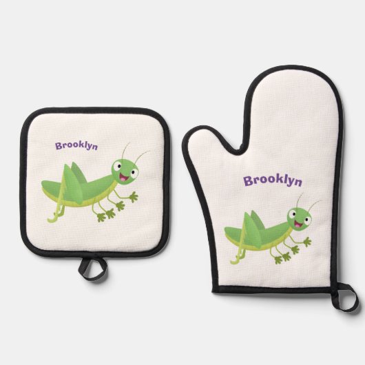 Steekgroene dolle cartoon ovenwant & pannenlap set (Voorkant)
