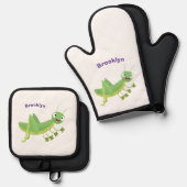 Steekgroene dolle cartoon ovenwant & pannenlap set (Voorkant / Achterkant)