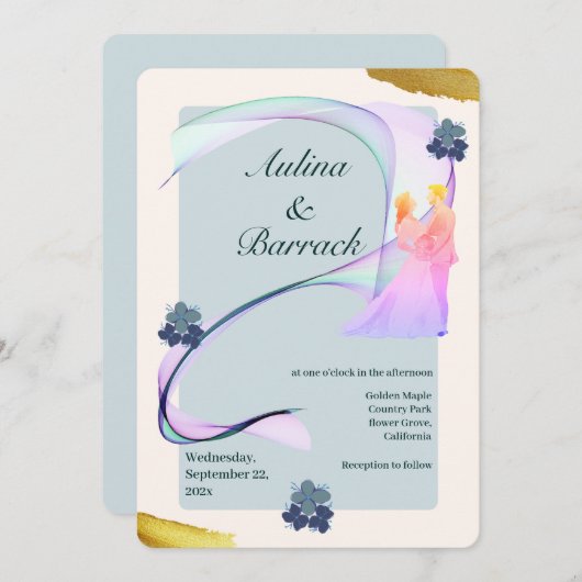 Steekproef klassiek gouden paarse groene trouwinvi kaart (Voorkant / Achterkant)