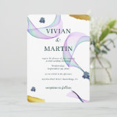 Steekproef klassieke gouden paarse groene bruiloft kaart (Staand voorkant)