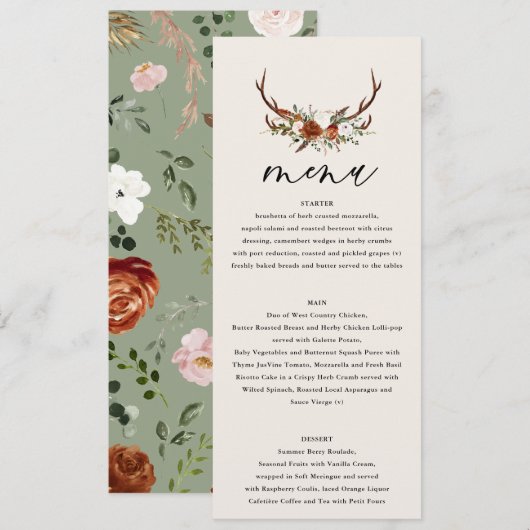 Steekrotsachtige groene florale roestachtige elega menu (Voorkant / Achterkant)
