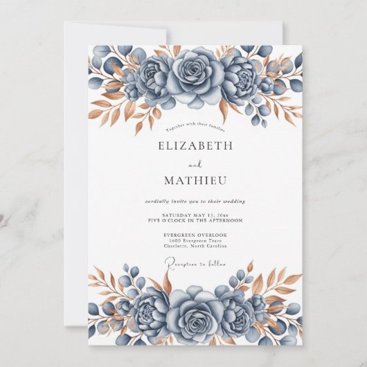 Steel Blue Bronze Botanical Wedding Kaart (Voorkant)