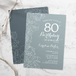 Steel Blue Floral 80th Birthday Party Kaart<br><div class="desc">Steel Blue Floral 80th Birthday Party Invitation. Minimalistisch modern ontwerp met botanische contouren en lettertype typografiescript. Eenvoudige trendy nodigt een perfecte kaart uit voor een stijlvolle feestdag in het vrouw. Kan op elke leeftijd worden aangepast. Uitnodigingen op Zazzle afdrukken of sjabloon voor digitaal afdrukken direct downloaden.</div>