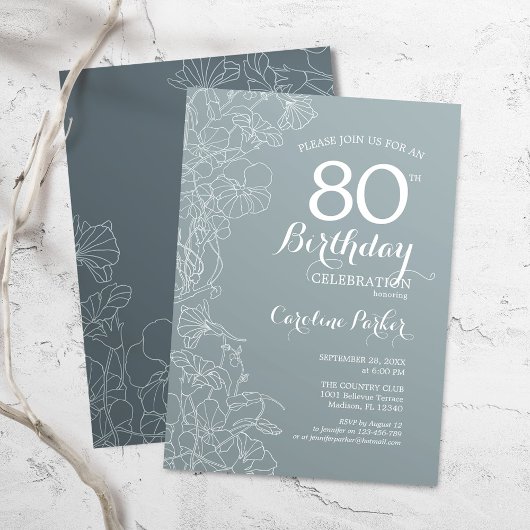 Steel Blue Floral 80th Birthday Party Kaart