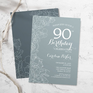 Steel Blue Floral 90th Birthday Party Kaart