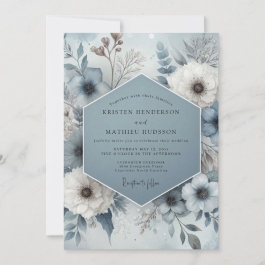 Steel Blue Frosted Bloom Wedding Kaart (Voorkant)